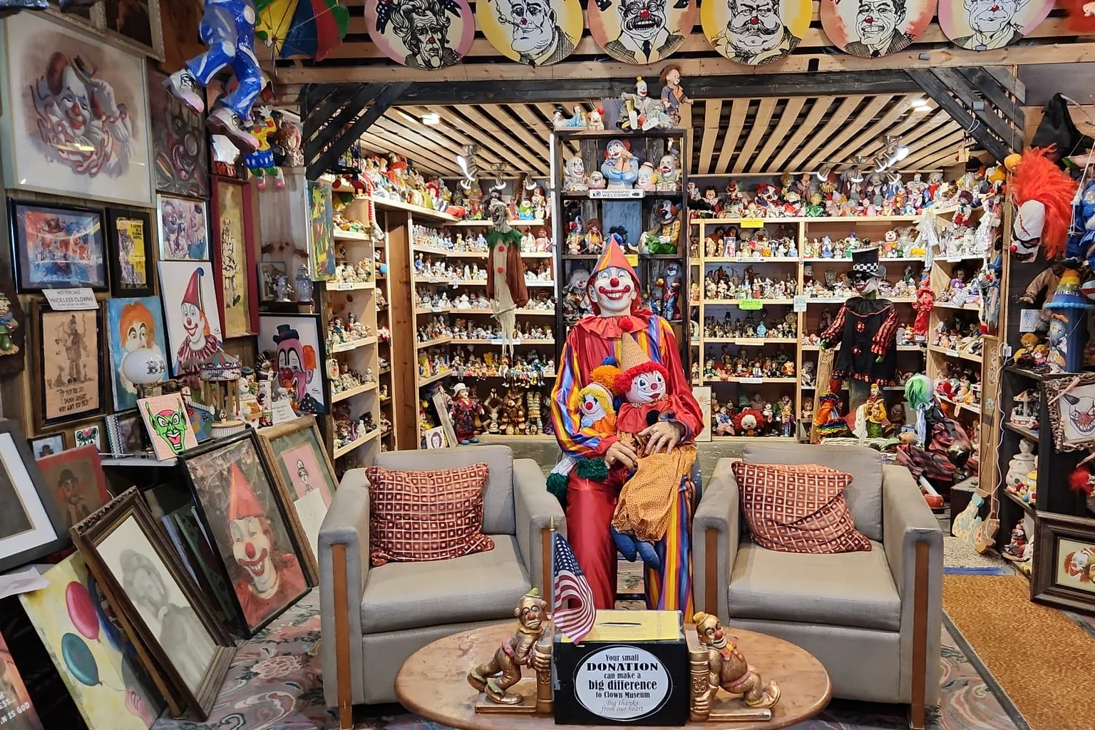 The densely packed clown collection inside The Clown Motel in Tonopah.